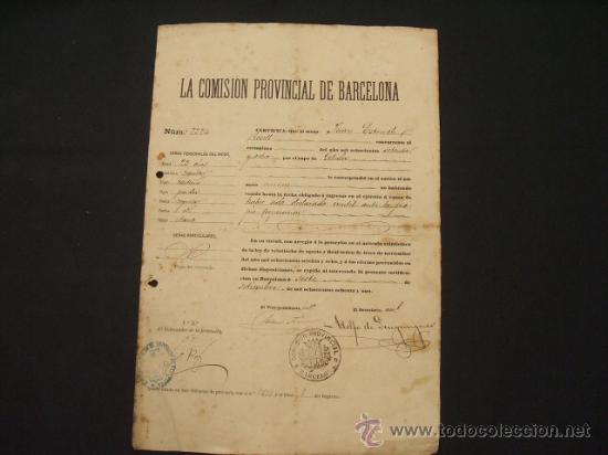 Documentos antiguos: CERTIFICADO DE LA COMISION PROVINCIAL DE BARCELONA - A&Ntilde;O 1.881 - - Foto 1