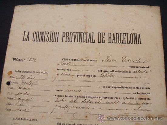 Documentos antiguos: CERTIFICADO DE LA COMISION PROVINCIAL DE BARCELONA - A&Ntilde;O 1.881 - - Foto 2