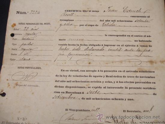 Documentos antiguos: CERTIFICADO DE LA COMISION PROVINCIAL DE BARCELONA - A&Ntilde;O 1.881 - - Foto 3