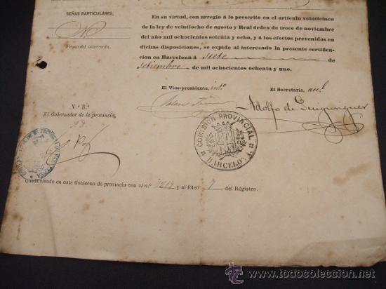 Documentos antiguos: CERTIFICADO DE LA COMISION PROVINCIAL DE BARCELONA - A&Ntilde;O 1.881 - - Foto 4