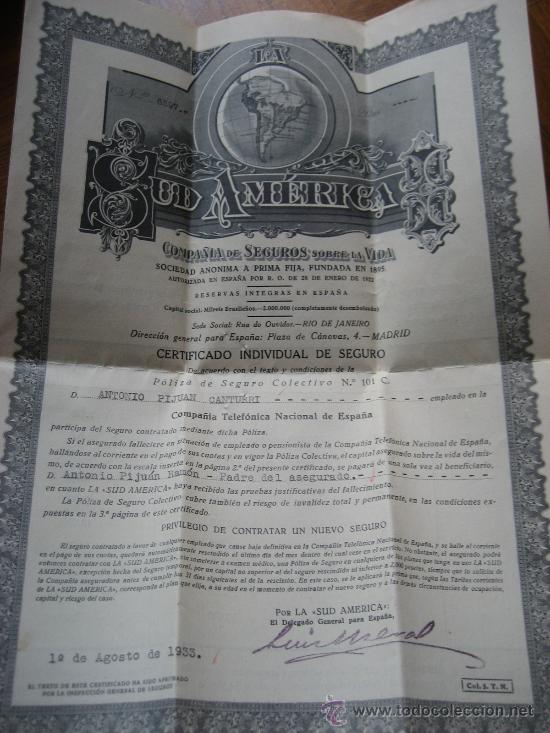 Documentos antiguos: Compa&ntilde;ia de Seguros La Sudamerica. 1933. Certificado Individual de Seguro