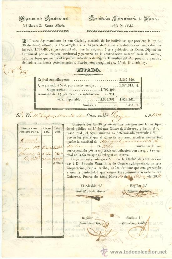 Documentos antiguos: CONTRIBUCION EXTRAORDINARIO DE GUERRA, A&Ntilde;O 1839, AYUNTAMIENTO PUERTO DE SANTA MARIA