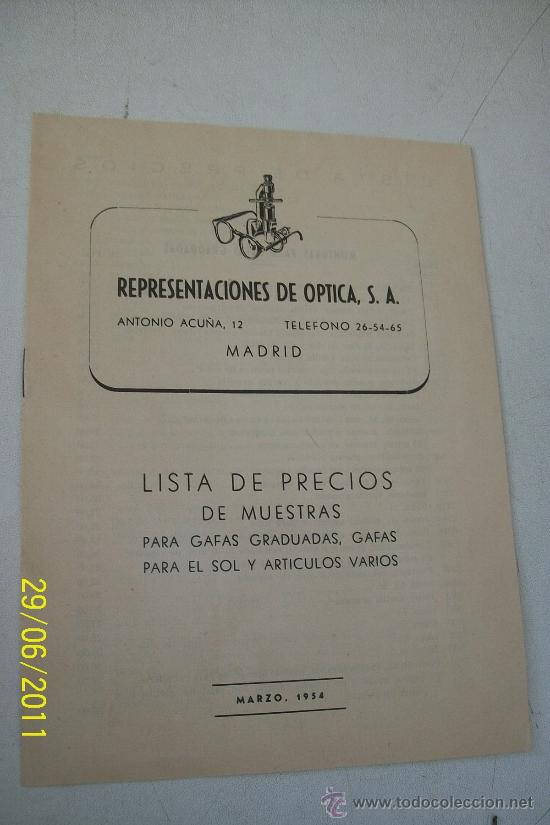 Documentos antiguos: REPRESENTACIONES DE &Oacute;PTICA, S.A.- LISTA DE PRECIOS DE MUESTRAS PARA GAFAS GRADUADAS, GAFAS PARA EL -