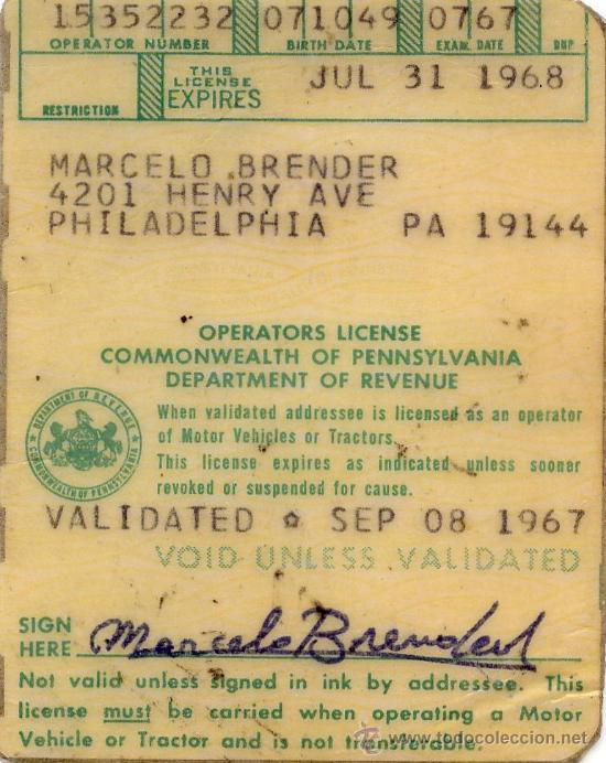 Old Documents: (7) permiso-licencia-carnet de conducir de USA, expedido en Philadelphia (Pennsylvania) en 1967