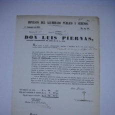 Documentos antiguos: DOCUMENTO MADRID AÑO 1852 IMPUESTO DEL ALUMBRADO PUBLICO Y SERENOS POR EL ALCALDE LUIS PIERNAS. Lote 27974211