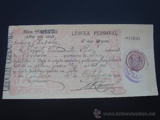 Documentos antiguos: C&Eacute;DULA PERSONAL. C&Oacute;RDOBA A 10-X-1907. DIM.- 18X8,7 CMS. - Foto 1