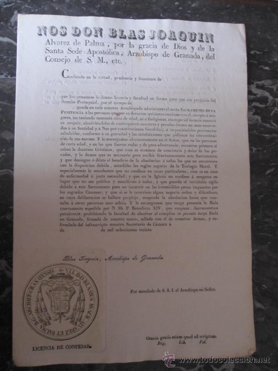 Documentos antiguos: GRANADA.. LICENCIA PARA CONFESORES DADA POR EL ARZOBISPO .1830. SIN CUMPLIMENTAR