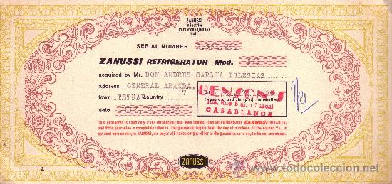Old Documents: TARJETA DE GARANTIA DE UN FRIGORIFICO ZANUSSI - EPOCA DEL MARRUECOS ESPA&Ntilde;OL - TETUAN - A&Ntilde;O 1958