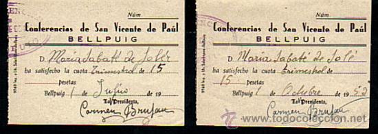 Documentos antigos: RECIBOS CONFERENCIAS DE SAN VICENTE DE PA&Uacute;L-BELLPUIG (LLEIDA) A&Ntilde;O 1953 (9 X 7 CMS)