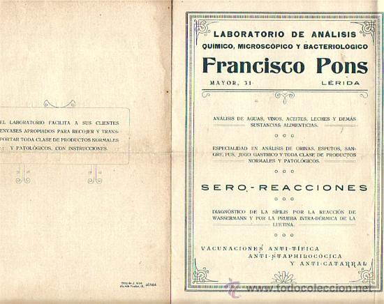 Documentos antiguos: ANALITICA LABORATORIOS FRANCISCO PONS-LERIDA CON SOBRE A BELLPUIG (LLEIDA) PACIENTE A&Ntilde;O 1927