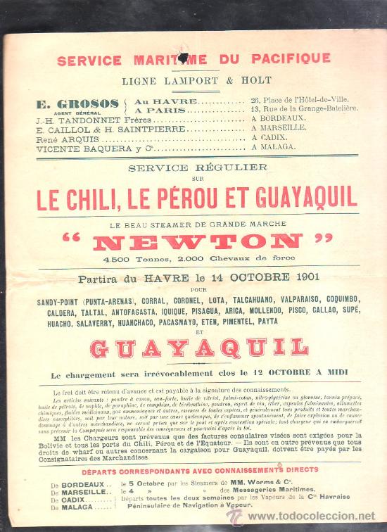 Documentos antiguos: SERVICIO MARTITIMO DEL PACIFICO. CARTEL SERVICO REGULAR PARA CHILE - PERU - ECUADOR - Foto 1