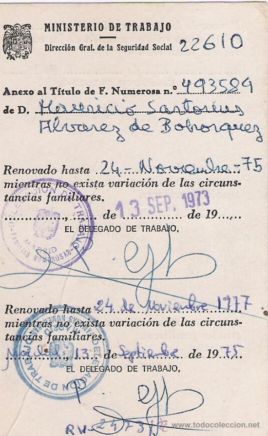 Documentos antigos: MINISTERIO DE TRABAJO - ANEXO AL TITULO DE FAMILIA NUMEROSA