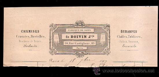 Documenti antichi: PARIS. MEMBRETE BOIVIN. FABRICA DE GUANTES Y CAMISAS