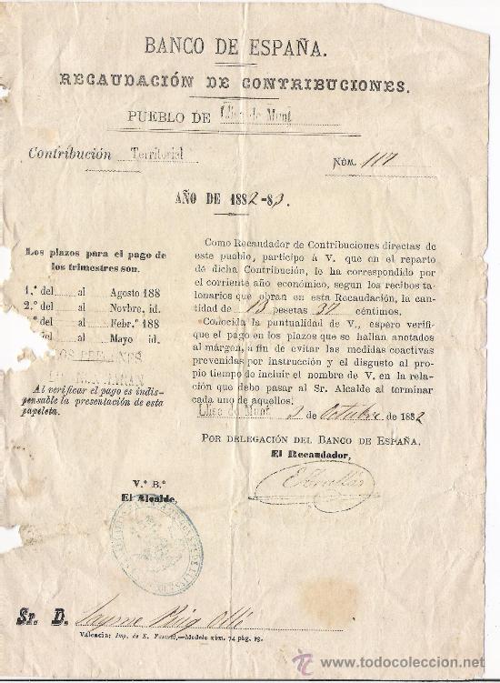 Documentos antiguos: BANCO DE ESPA&Ntilde;A  -PUEBLO DE LLISA DE MUNT   -A&Ntilde;O 1882-83  *RECAUDACION DE CONTRIBUCIONES