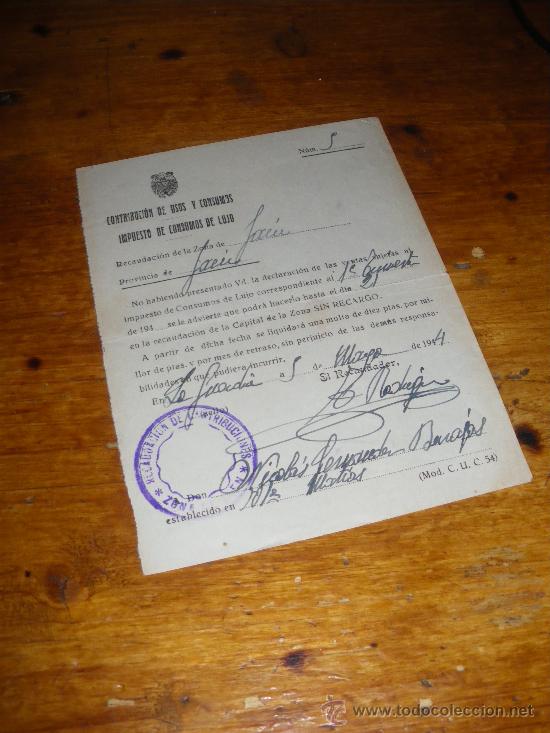Documentos antiguos: IMPUESTO DE CONSUMOS DE LUJO, AVISO DE IMPAGO. JAEN 1944.