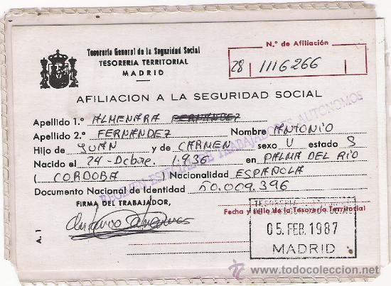 Documentos antiguos: ANTIGUA TARJETA DE AFILIACION A LA SEGURIDAD SOCILA - A&Ntilde;O 1987