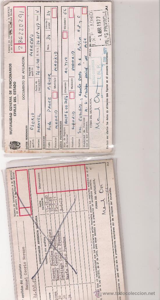 Documentos antiguos: MUTUALIDAD GENERAL DE FUNCIONARIOS CIVILES DEL ESTADO - DOCUMENTO DE AFILIACION - A&Ntilde;O 1977