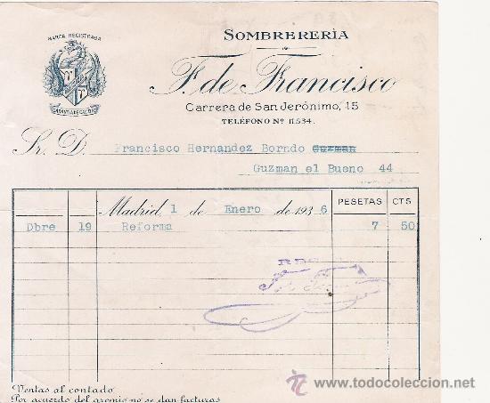 Documentos antiguos: SOMBRERERIA F. DE FRANCISCO - RECIBO - MADRID A&Ntilde;O 1936