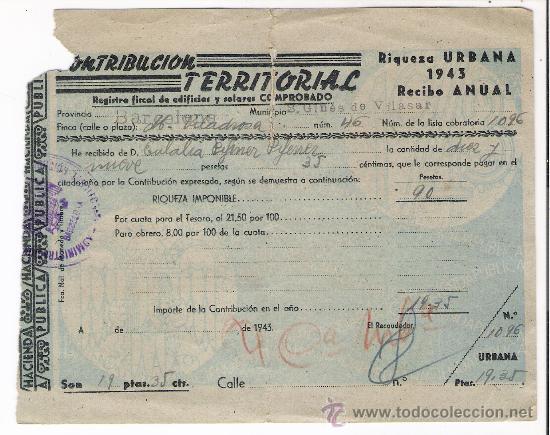 Documentos antiguos: S.GINES DE VILASAR  *CONTRIBUCION TERRITORIAL 1943* - Foto 1