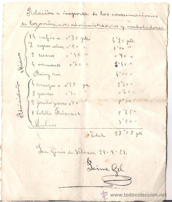 Documentos antiguos: RELACION DE GASTOS FIESTA MAYOR AGOSTO 1927      **SAN GINES DE VILASAR