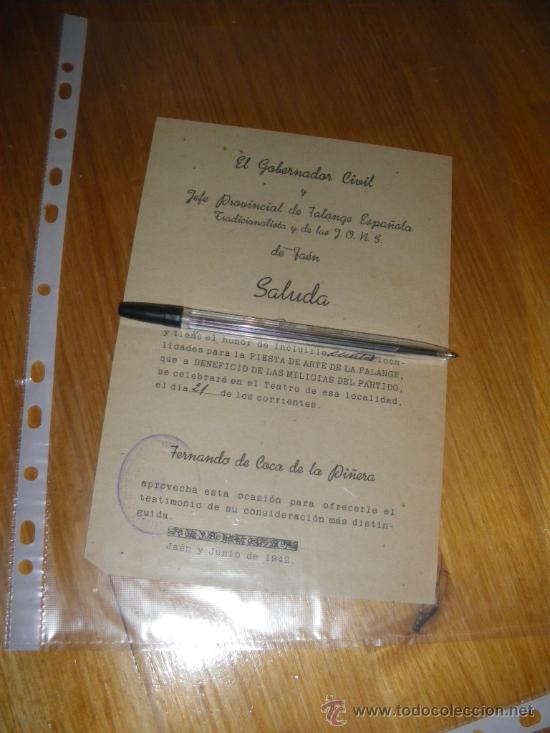 Alte Dokumente: INVITACION DEL GOBERNADOR CIVIL DE JAEN FERNANDO COCA DE LA PI&Ntilde;ERA A LA FIESTA DEL ARTE. 1942.