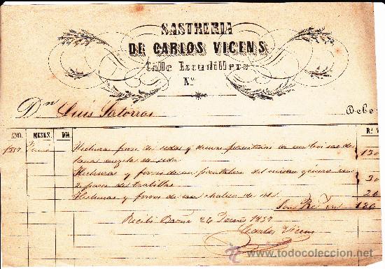 Documentos antiguos: Sastrer&iacute;a Carlos Vicens Calle Escudillers Barcelona 1857