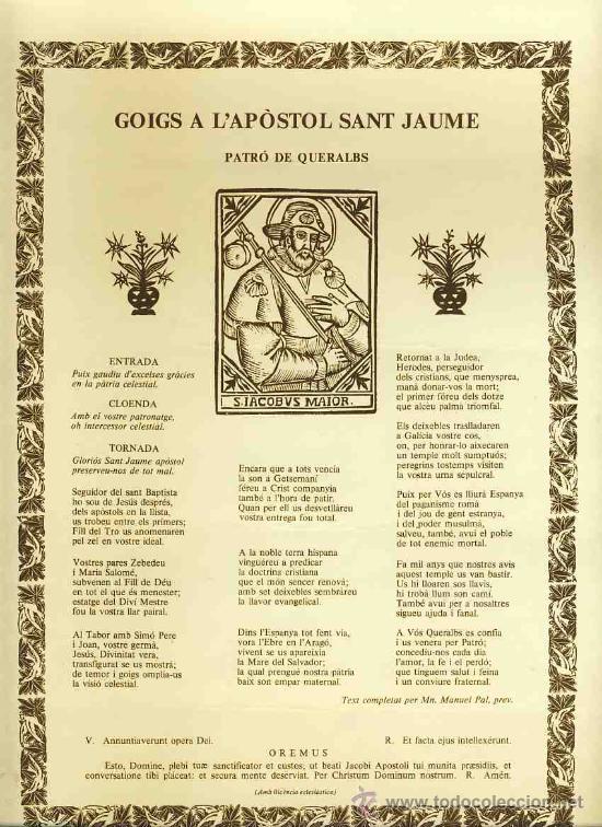 Documentos antiguos: Goigs a l' apostol SANT JAUME, patr&oacute; de Queralbs