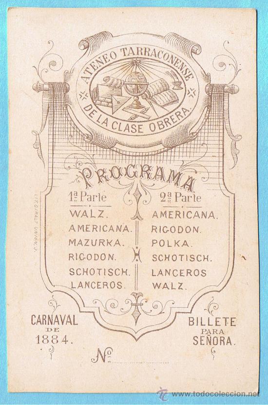 Documentos antiguos: ATENEO TARRACONENSE DE LA CLASE OBRERA. CARNAVAL DE 1884. PROGRAMA MUSICAL, TARRAGONA. - Foto 1