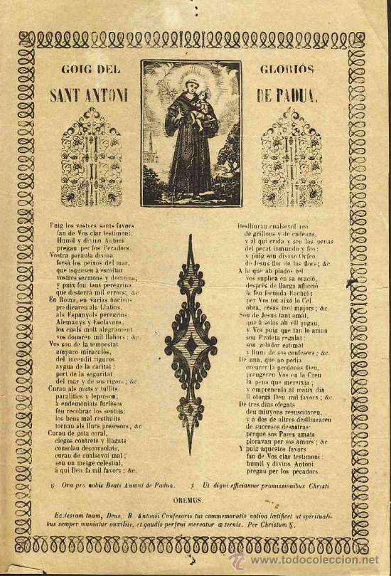 Documentos antiguos: Goigs del glorios SANT ANTONI DE PADUA - Foto 1