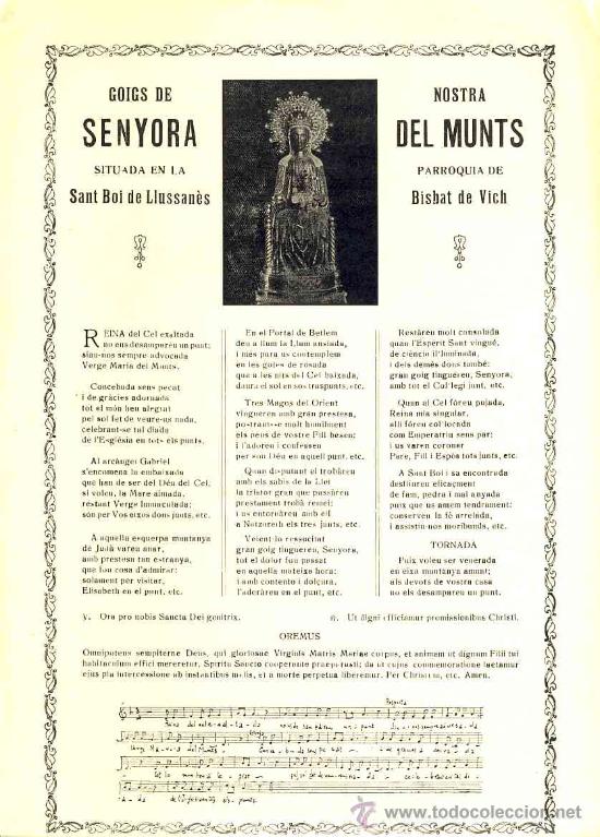 Documentos antiguos: Goigs de la Mare de D&eacute;u del MUNT, situada a SANT BOI DE LLU&Ccedil;ANES