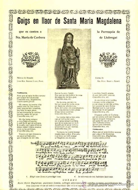 Documentos antiguos: Goigs en llaor de SANTA MARIA MAGDALENA, que es canten a CORBERA DE LLOBREGAT