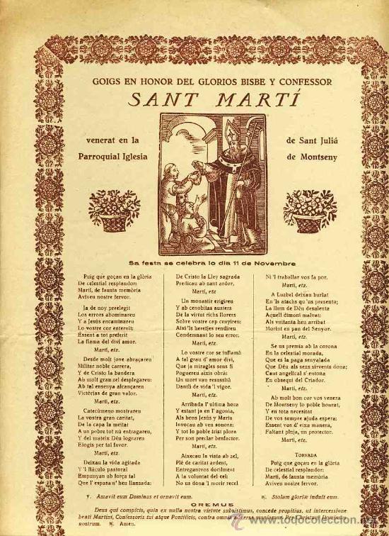 Documentos antiguos: Goigs en honor del glori&oacute;s SANT MARTI, venerat a l' Esgl&eacute;sia de Sant Juli&agrave;, de MONTSENY