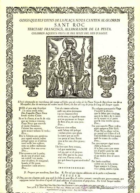 Documentos antiguos: Goigs que els veins de la Pla&ccedil;a Nova de BARCELONA canten a SANT ROC (Vives i Sabat&eacute; num. 562)