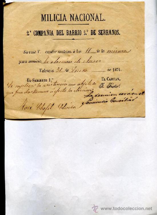 Documentos antiguos: SERVICIO MILICIA NACIONAL, 2&ordf; COMPA&Ntilde;&Iacute;A DEL BARRIO 2&ordm; DE SERRANOS, VALENCIA, 1871 .... ...