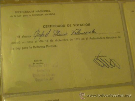 Documentos antiguos: REFERENDUM NACIONAL DE LA LEY PARA LA REFORMA POLITICA. CERTIFICADO DE VOTACION. TRANSICION.