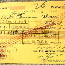 Documentos antiguos: CHEQUE FACTURA DE LA PRIMITIVA INDIANA, GIJON, ASTURIAS, 1932. FABRICA DE CHOCOLATE.. Lote 30724883