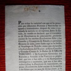 Documentos antiguos: 1788-CARLOS III.CONDE DE FLORIDABLANCA.CABALLEROS DEL TOYSON.TOLEDO.ARANJUEZ