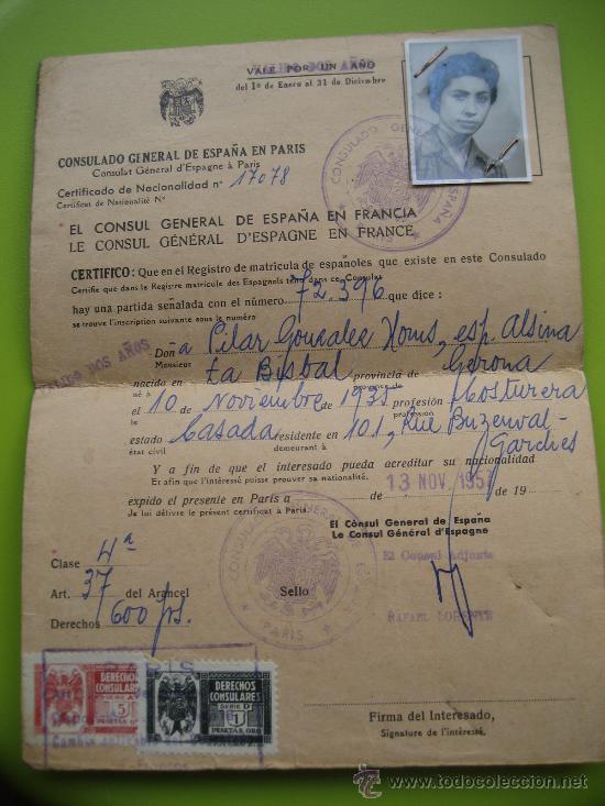 Documentos antiguos: Certificado de Nacionalidad. Consulado General de Espa&ntilde;a de Paris. 1957