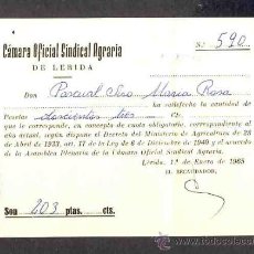 Documentos antiguos: REBUT DE LA CAMBRA OFICIAL SINDICAL AGRÀRIA D' ALCARRAS (LLEIDA)