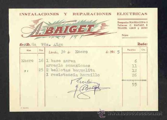 Documentos antiguos: Recibo de A.BAIGET, instalaciones y reparaciones electricas, de LLEIDA