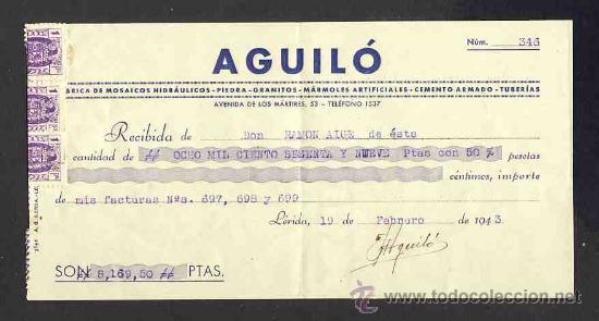 Documentos antiguos: Recibo de AGUILO, fabrica de mosaicos Hidraulicos, granitos, marmoles