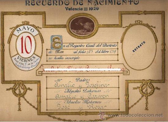 Documentos antigos: 1929 VALENCIA ANTIGUO RECUERDO DE NACIMIENTO