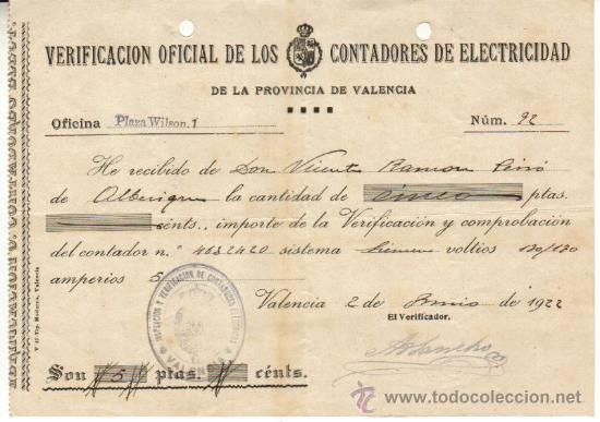 Documentos antigos: 1922 VALENCIA. RECIBO OFICIAL DE LOS CONTADORES DE ELECTRICIDAD SELLO DE TAMPON DE DICHA INSPECCION