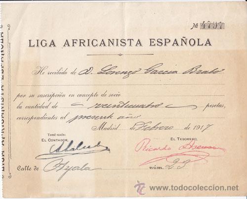 Documentos antiguos: RECIBO DE SOCIO DE LA LIGA AFRICANISTA ESPA&Ntilde;OLA. MADRID, 1917