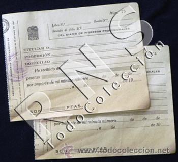 Documentos antiguos: 2 HOJAS SIN USAR DE TALONARIO DE RECIBOS POR INGRESOS PROFESIONALES A&Ntilde;OS 50 TAL&Oacute;N PAPEL ANTIGUO