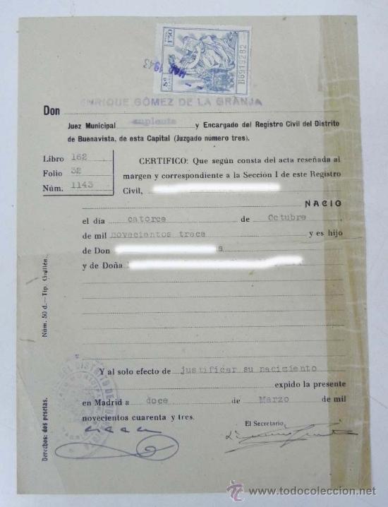 Documentos antigos: ANTIGUO CERTIFICADO DE NACIMIENTO, CON SELLO DEL REGISTRO Y FIRMAS, EXPEDIDO EN 1943, MIDE 22 X 16 C