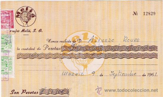 Documenti antichi: VIAJES MELIA - RECIBO - A&Ntilde;O 1961