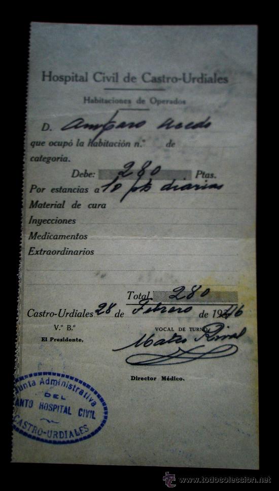 Documentos antiguos: MEDICINA RECIBO DEL HOSPITAL CIVIL DE CASTRO-URDIALES POR HABITACIONES DE OPERADOS DE AMPARO ACEDO