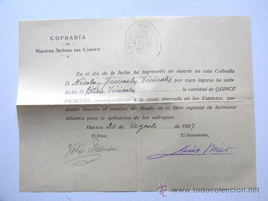 Documentos antiguos: COFRADIA DE NUESTRA SE&Ntilde;ORA DEL CARMEN / HUESCA 1927 - Foto 1