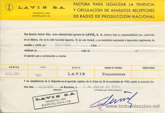 Documents Anciens: Factura para legalizar tendencia y circulacion aparatos radio - Lavis - a&ntilde;o 1964